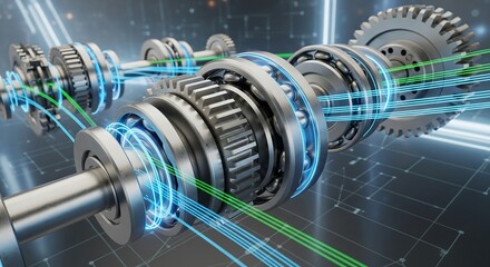 Close-up of metal gears and bearings with glowing blue and green
