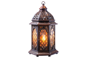 Intricate gothic lantern with stained glass panels and internal light source transparent background