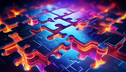 close up of interconnected glowing puzzle pieces in a vibrant futuristic design illuminated with neon hues of blue orange and purple