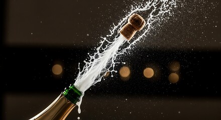 Champagne bottle cork pops with exploding foam and bubbles against a