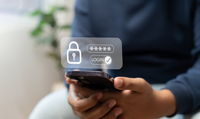 Cyber security, Businessman using smartphone with password login interface,secure access, Identity verification. Concept of protecting sensitive data and ensuring online privacy through authentication