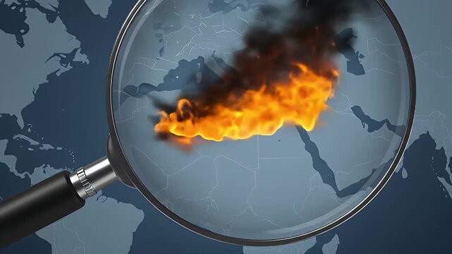 Burning Flame Highlighted Beneath Magnifying Glass Against World Map Depicting Crisis Concept