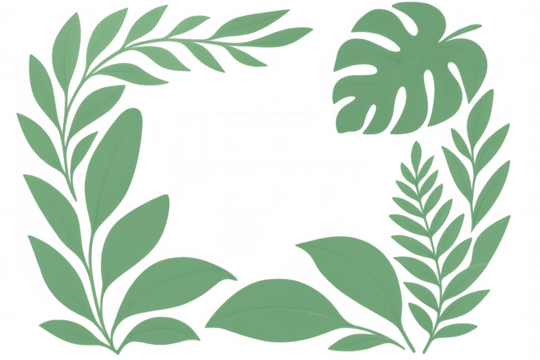 Tropical leaves are creating a decorative frame on a transparent background, perfect for nature-themed designs