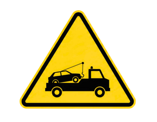 Yellow warning sign with tow truck and car icon isolated on transparent background