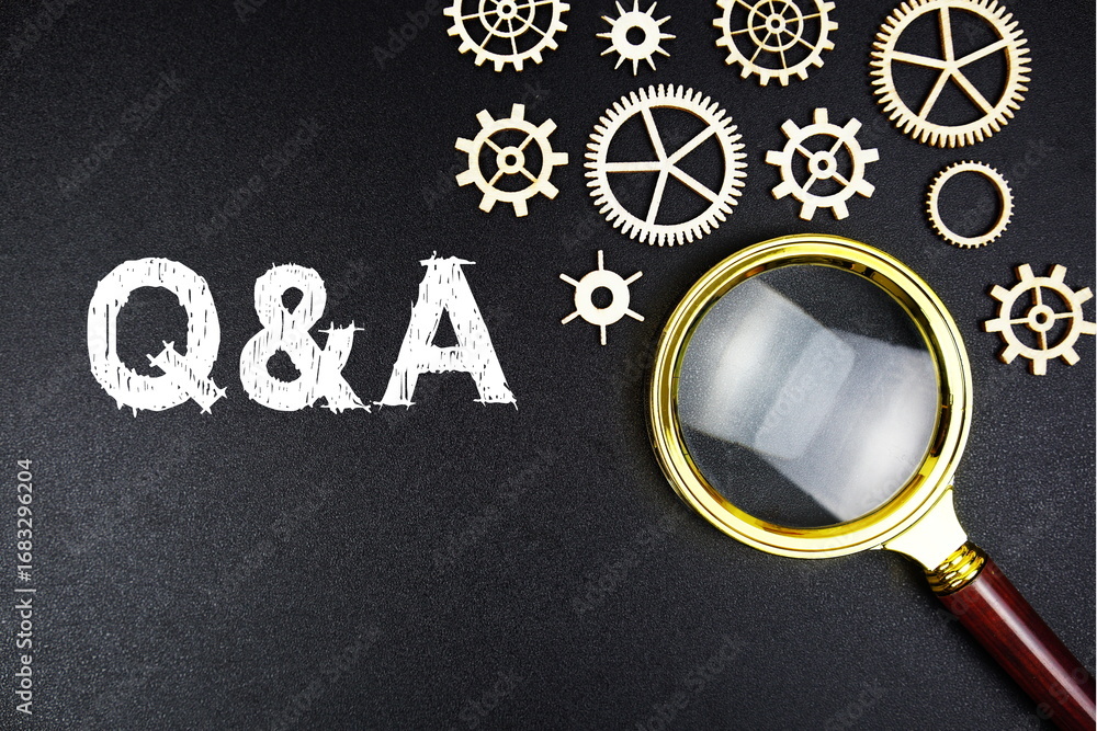 Poster questions and answers text message with magnifying glass on black background
