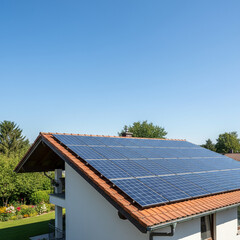 Embrace Clean Energy with Solar Panels: Generate Sustainable Power for Your Home Under a Bright Blue Sky. Generative AI.