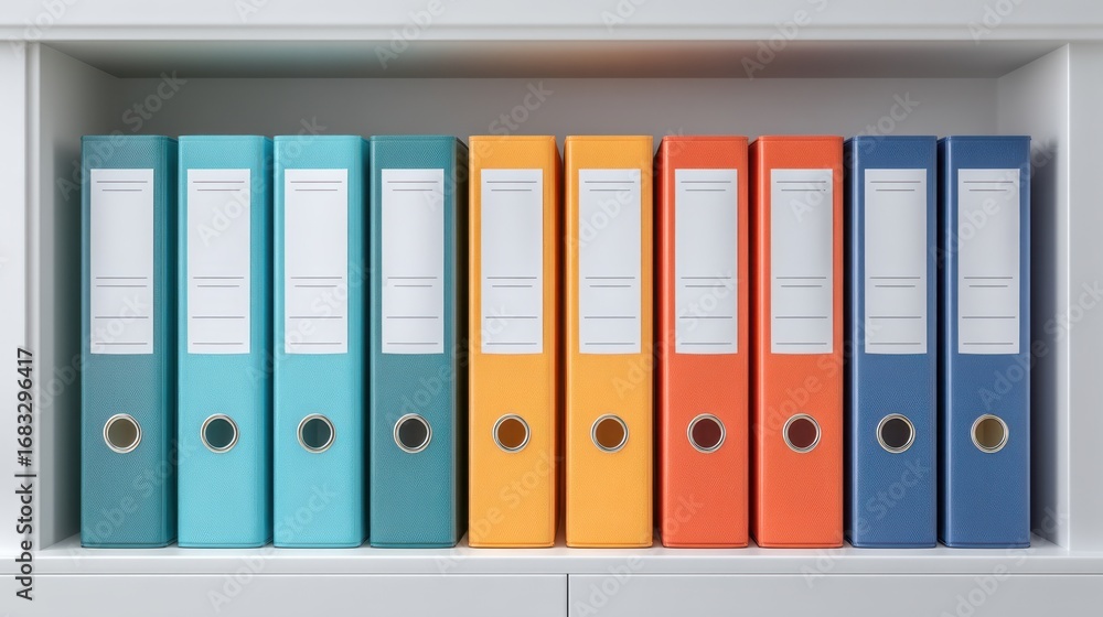 Poster colorful binders arranged neatly on a shelf for organizational purposes in an office or workspace sh