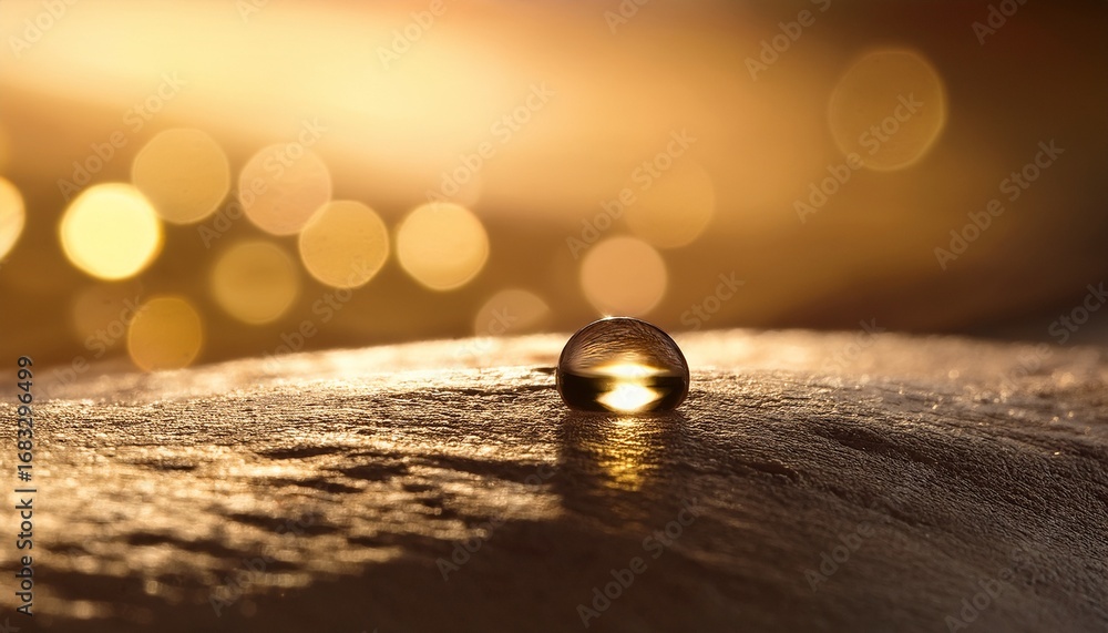 Poster a golden drop rests on a rough textured surface with a blurred background