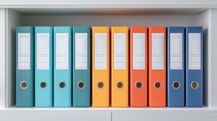 Colorful binders arranged neatly on a shelf for organizational purposes in an office or workspace showcasing vibrant colors and tidy appearance.