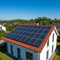 Embrace Clean Energy with Solar Panels: Generate Sustainable Power for Your Home Under a Bright Blue Sky. Generative AI.
