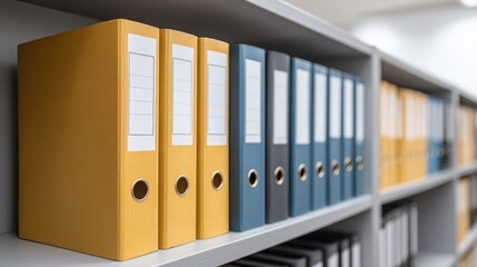 Colorful office binders organized neatly on shelves showcasing document management and workspace efficiency in a bright modern environment