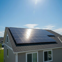 Embrace Clean Energy with Solar Panels: Generate Sustainable Power for Your Home Under a Bright Blue Sky. Generative AI.