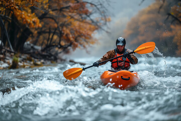 Fototapeta premium A man kayaking alone through a turbulent river surrounded by autumn trees, symbolizing personal challenge, risk and determination