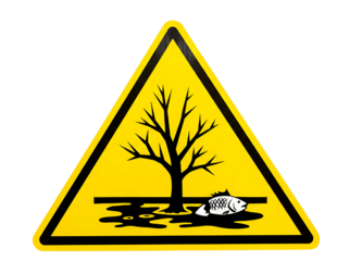 Environmental hazard warning sign with dead tree and fish isolated on transparent background