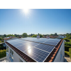 Embrace Clean Energy with Solar Panels: Generate Sustainable Power for Your Home Under a Bright Blue Sky. Generative AI.