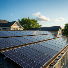 Embrace Clean Energy with Solar Panels: Generate Sustainable Power for Your Home Under a Bright Blue Sky. Generative AI.