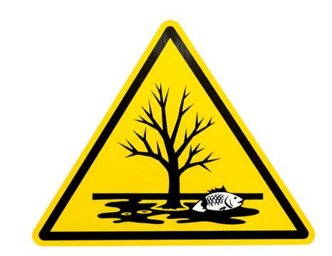 Environmental hazard warning sign with dead tree and fish isolated on transparent background
