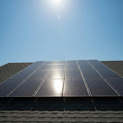 Embrace Clean Energy with Solar Panels: Generate Sustainable Power for Your Home Under a Bright Blue Sky. Generative AI.