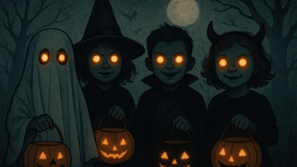 Children in spooky Halloween costumes.
