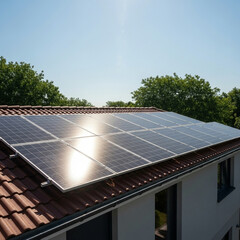 Embrace Clean Energy with Solar Panels: Generate Sustainable Power for Your Home Under a Bright Blue Sky. Generative AI.