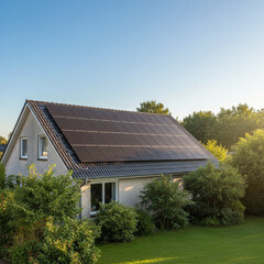 Embrace Clean Energy with Solar Panels: Generate Sustainable Power for Your Home Under a Bright Blue Sky. Generative AI.