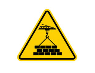 Yellow warning triangle sign depicting a crane lifting heavy objects isolated on transparent background