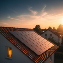  The Future is Bright: Family Looking Out Window at Sunset, with Rooftop Solar Panels Generating Sustainable Energy for a Greener Tomorrow, Inspiring Hope and Eco-Conscious Living. Generative AI.