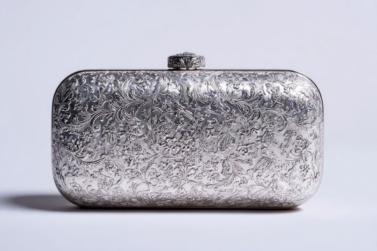 Silver clutch bag with intricate design
