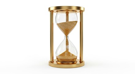 Golden Hourglass with Flowing Sand on White Background Concept of Time