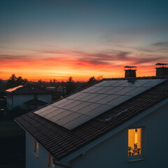  The Future is Bright: Family Looking Out Window at Sunset, with Rooftop Solar Panels Generating Sustainable Energy for a Greener Tomorrow, Inspiring Hope and Eco-Conscious Living. Generative AI.