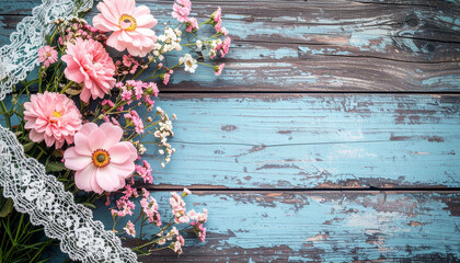 a collection of soft pink flowers and sprigs of tiny pink and white blossoms are arranged along the left side of a textured wooden surface