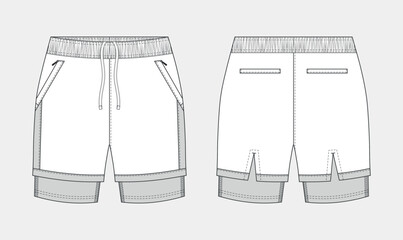 men's gym 2 in 1 shorts sketch, sport shorts sketch, activewear shorts flat sketch, unisex performance running shorts, shorts technical fashion drawing vector illustration