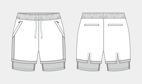 men's gym 2 in 1 shorts sketch, sport shorts sketch, activewear shorts flat sketch, unisex performance running shorts, shorts technical fashion drawing vector illustration