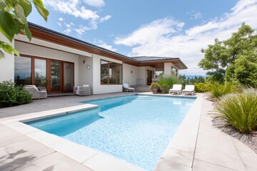 Fototapeta premium Large pool with a white fence and a white house