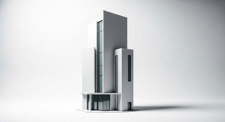 Modern White Minimalist Building Model with Glass Windows on White Background