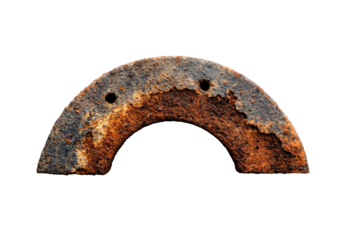 Corroded metal arch, semicircular shape, with rust and holes