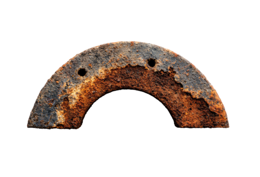 Corroded metal arch, semicircular shape, with rust and holes
