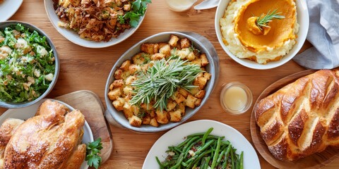 Table with a variety of food including a turkey, potatoes, and green beans