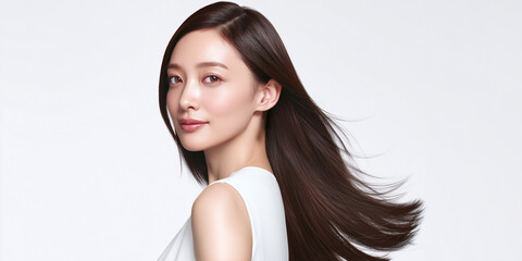 白背景で髪がなびく美しいアジア人女性のポートレート　健康的で艶やかなロングヘアが際立つ若い女性モデル