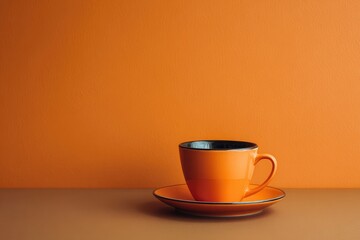 Orange coffee cup on a tan surface against an orange wall