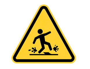 Yellow warning triangle with slippery floor symbol isolated on transparent background