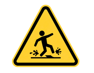 Yellow warning triangle with slippery floor symbol isolated on transparent background