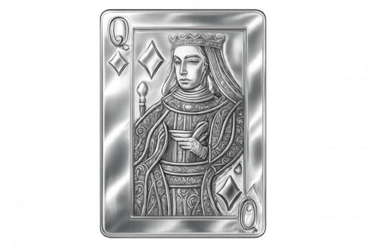 Silver queen card with elegant embossed design, standing against transparent backdrop, representing royal diamond suit for gaming graphic elements - Powered by Adobe