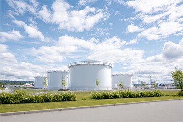 Obraz premium Row of three large white tanks are in a field