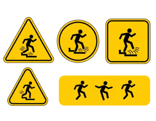 Set of yellow warning signs with person slipping on steps isolated on transparent background