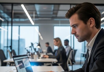 Naklejka premium Focused business professional working on laptop in modern office environment