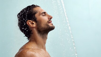 Man Showering Water Splashing on Face in Side View