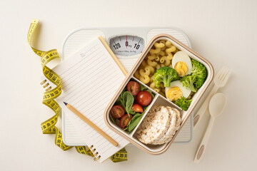 Nutritional meal preparation concept featuring balanced food options, a scale, and measuring tape...