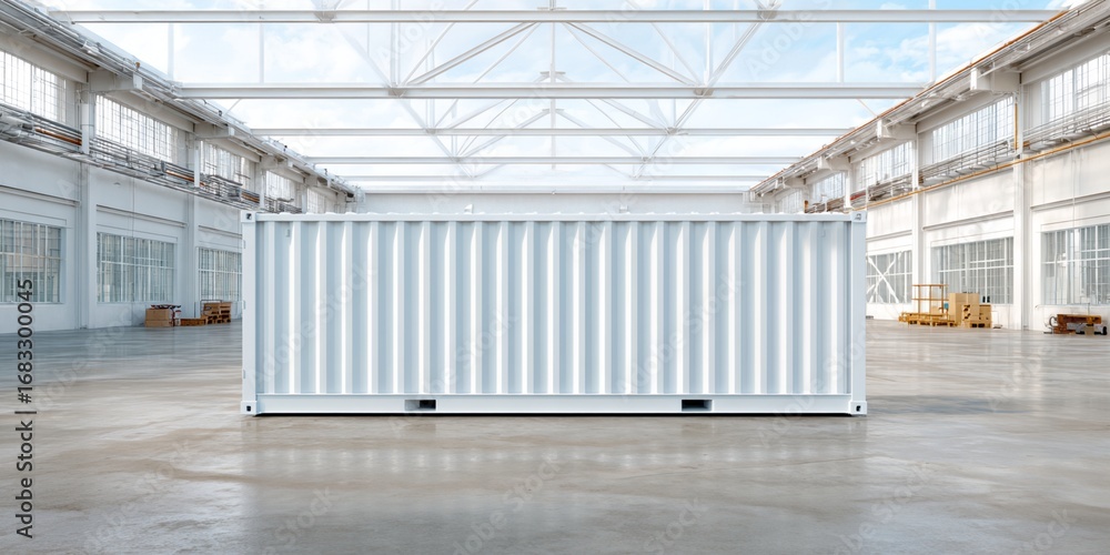 Poster large white container is in the middle of a large empty warehouse
