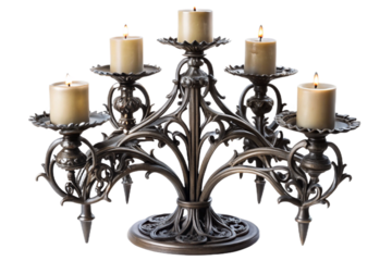 Ornate gothic candelabra with lit candles isolated on a black background for dramatic ambiance transparent background